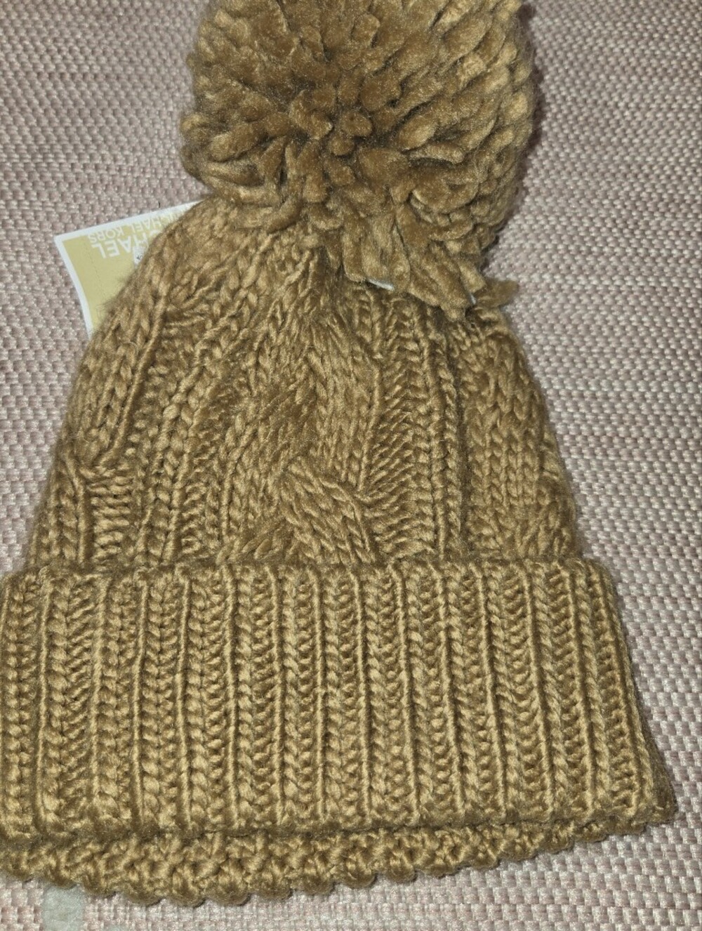 Michael Kors Chunky Cable Knit Pom Pom Beanie in Camel